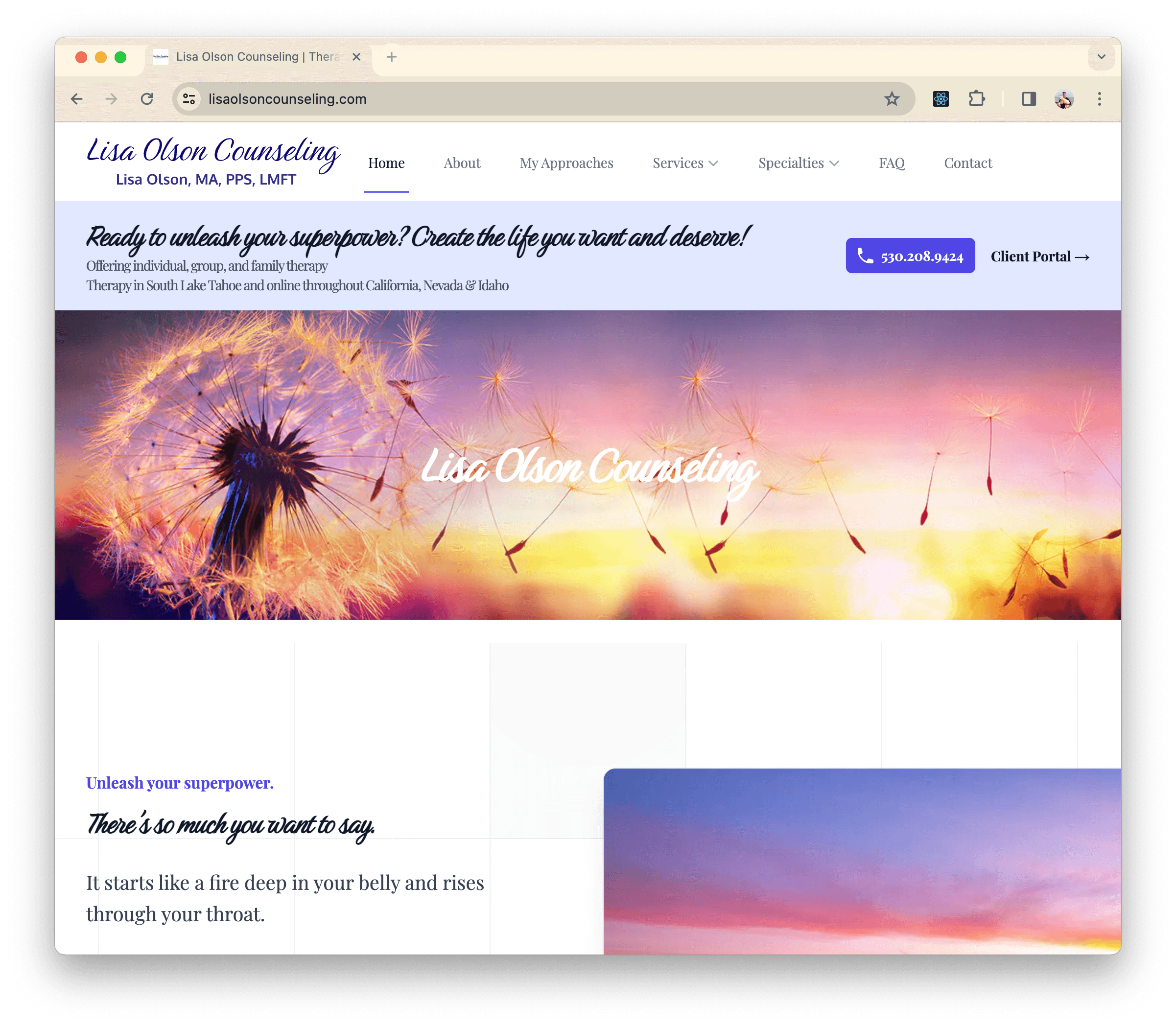 Screenshot of the design of this website, Lisa Olson Counseling