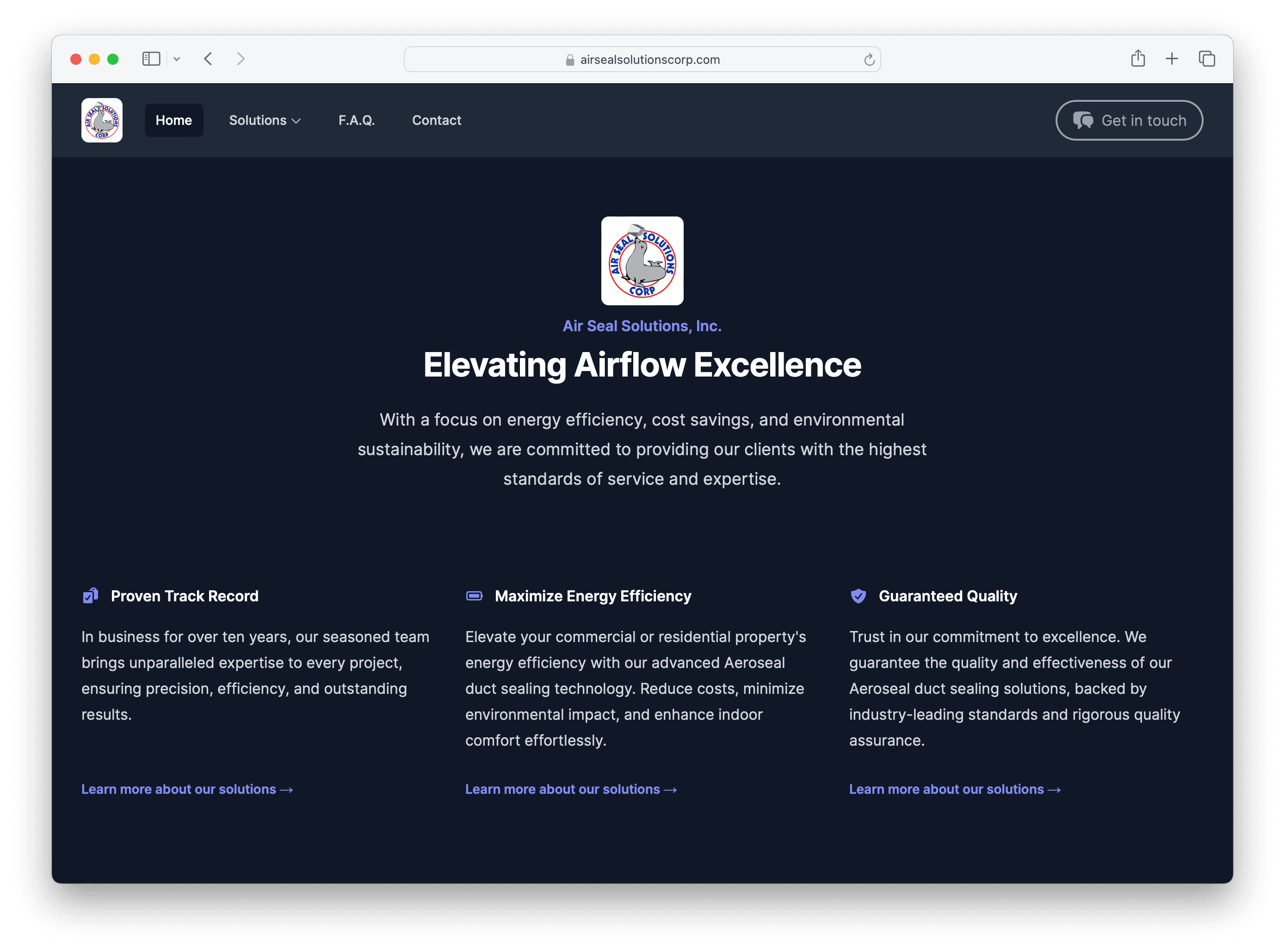 Screenshot of the design of this website, Air Seal Solutions, Inc.